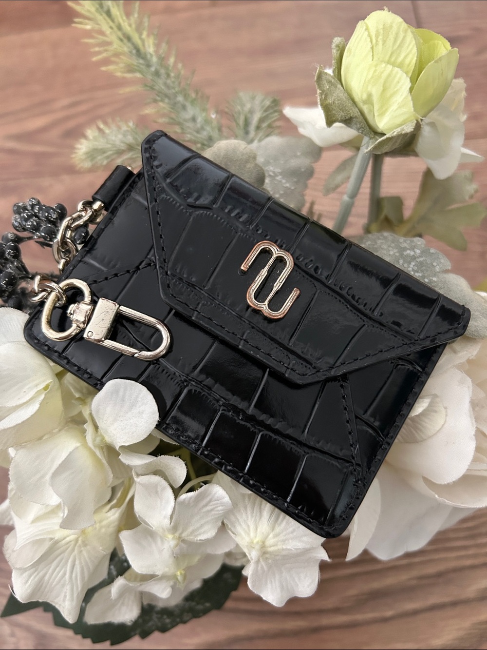 Maje Black Croc-Embossed Mini Wallet with Gold Hardware